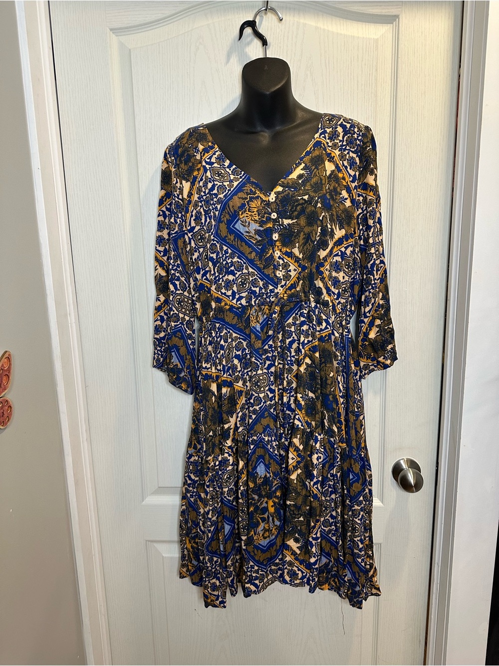 Floral printed midi dress - elbow sleeve tiered skirt tie waist sz 18/20